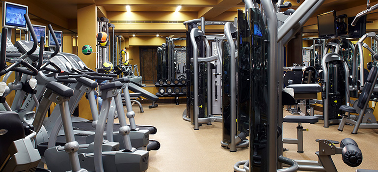 Rows of high-tech exercise machines are in the fitness center at Dancing Bear.