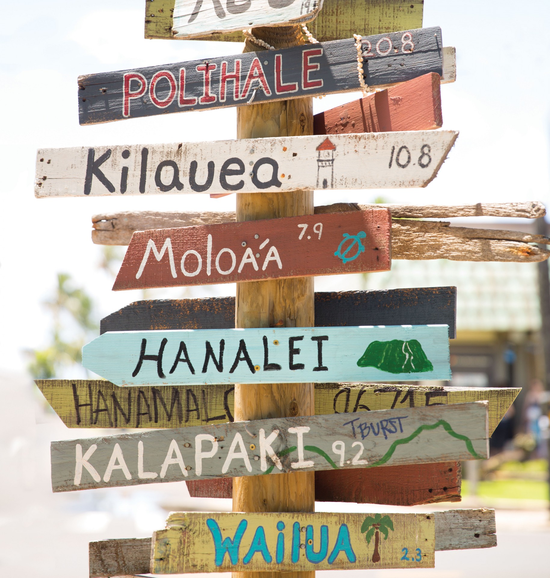 Vintage wooden sign post in Hawaii points the way to different beaches.